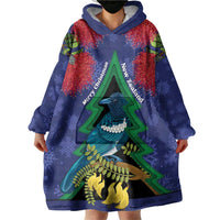 New Zealand Christmas In July Wearable Blanket Hoodie Kowhai Tui Bird With Pohutukawa - Blue LT14 - Polynesian Pride