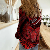 Polynesian Pride Aries Zodiac Women Casual Shirt Astrological Sign Tribal Plumeria Red Galaxy LT14 - Polynesian Pride