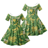 Aloha Hawaii Maia Family Matching Off Shoulder Short Dress and Hawaiian Shirt Hawaiian Banana Stylized Stamp LT14 Daughter's Dress Green - Polynesian Pride