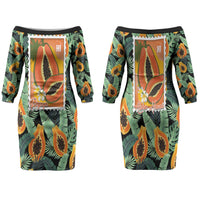 Aloha Hawaii Mikana Family Matching Off The Shoulder Long Sleeve Dress and Hawaiian Shirt Hawaiian Papaya Stylized Stamp LT14 Mom's Dress Green - Polynesian Pride
