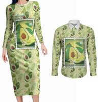 Aloha Hawaii Avocado Couples Matching Long Sleeve Bodycon Dress and Long Sleeve Button Shirt Hawaiian Fruit Stylized Stamp LT14 Green - Polynesian Pride