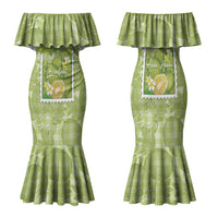 Aloha Hawaii Ulu Palaka Motifs Family Matching Mermaid Dress and Hawaiian Shirt Hawaiian Breadfruit Stylized Stamp LT14 Mom's Dress Green - Polynesian Pride