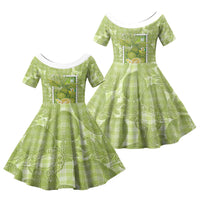 Aloha Hawaii Ulu Palaka Motifs Family Matching Off Shoulder Short Dress and Hawaiian Shirt Hawaiian Breadfruit Stylized Stamp LT14 Daughter's Dress Green - Polynesian Pride