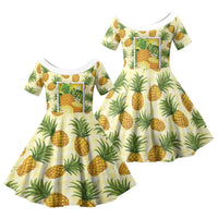 Aloha Hawaii Hala Kahiki Palaka Motifs Family Matching Long Sleeve Bodycon Dress and Hawaiian Shirt Hawaiian Pineapple Stylized Stamp LT14 Daughter's Dress Yellow - Polynesian Pride