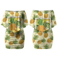 Aloha Hawaii Hala Kahiki Palaka Motifs Family Matching Off Shoulder Short Dress and Hawaiian Shirt Hawaiian Pineapple Stylized Stamp LT14 Mom's Dress Yellow - Polynesian Pride