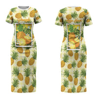 Aloha Hawaii Hala Kahiki Palaka Motifs Family Matching Short Sleeve Bodycon Dress and Hawaiian Shirt Hawaiian Pineapple Stylized Stamp LT14 Mom's Dress Yellow - Polynesian Pride