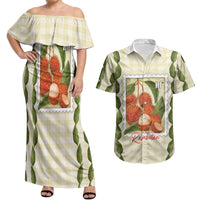 Aloha Hawaii Rambutan Palaka Motifs Couples Matching Off Shoulder Maxi Dress and Hawaiian Shirt Hawaiian Fruit Stylized Stamp LT14 Yellow - Polynesian Pride