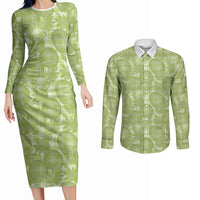 Omaomao Hawaii Breadfruit Palaka Motifs Couples Matching Long Sleeve Bodycon Dress and Long Sleeve Button Shirt LT14 Green - Polynesian Pride