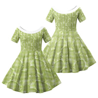 Omaomao Hawaii Breadfruit Palaka Motifs Family Matching Off Shoulder Short Dress and Hawaiian Shirt LT14 Daughter's Dress Green - Polynesian Pride