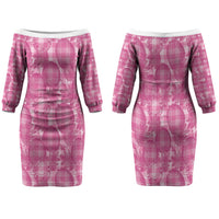 Alaka Hawaii Breadfruit Palaka Motifs Family Matching Off The Shoulder Long Sleeve Dress and Hawaiian Shirt LT14 Mom's Dress Pink - Polynesian Pride