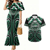 Aotearoa Whakatohea Personalised Couples Matching Mermaid Dress and Hawaiian Shirt Maori Iwi Poutama Puhoro Tattoo LT14 Green - Polynesian Pride
