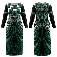 Aotearoa Whakatohea Personalised Family Matching Long Sleeve Bodycon Dress and Hawaiian Shirt Maori Iwi Poutama Puhoro Tattoo LT14 Mom's Dress Green - Polynesian Pride