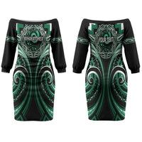 Aotearoa Whakatohea Personalised Family Matching Off The Shoulder Long Sleeve Dress and Hawaiian Shirt Maori Iwi Poutama Puhoro Tattoo LT14 Mom's Dress Green - Polynesian Pride