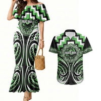 Aotearoa Ngati Awa Personalised Couples Matching Mermaid Dress and Hawaiian Shirt Maori Iwi Poutama Puhoro Tattoo LT14 Green - Polynesian Pride