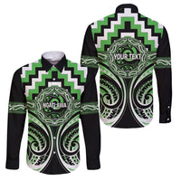 Aotearoa Ngati Awa Personalised Family Matching Off Shoulder Short Dress and Hawaiian Shirt Maori Iwi Poutama Puhoro Tattoo LT14 Dad's Shirt - Long Sleeve Green - Polynesian Pride
