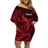 French Polynesia Tahiti Off Shoulder Short Dress Polynesian Shark Tattoo With Hibiscus Red Version LT14 Women Red - Polynesian Pride