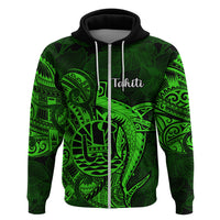 French Polynesia Tahiti Hoodie Polynesian Shark Tattoo With Hibiscus Green Version LT14 Zip Hoodie Green - Polynesian Pride