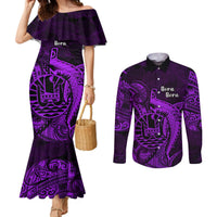 French Polynesia Bora Bora Couples Matching Mermaid Dress and Long Sleeve Button Shirts Polynesian Shark Tattoo With Hibiscus Purple Version LT14 Purple - Polynesian Pride