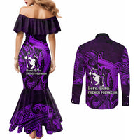 French Polynesia Bora Bora Couples Matching Mermaid Dress and Long Sleeve Button Shirts Polynesian Shark Tattoo With Hibiscus Purple Version LT14 - Polynesian Pride