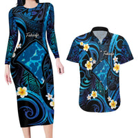 Tokelau Fakaofo Atoll Couples Matching Long Sleeve Bodycon Dress and Hawaiian Shirt Polynesian Tattoo Plumeria With Map LT14 Blue - Polynesian Pride