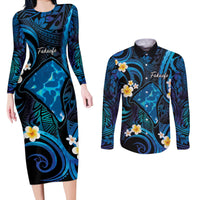Tokelau Fakaofo Atoll Couples Matching Long Sleeve Bodycon Dress and Long Sleeve Button Shirt Polynesian Tattoo Plumeria With Map LT14 Blue - Polynesian Pride