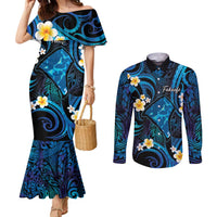 Tokelau Fakaofo Atoll Couples Matching Mermaid Dress and Long Sleeve Button Shirt Polynesian Tattoo Plumeria With Map LT14 Blue - Polynesian Pride
