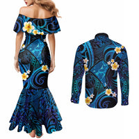 Tokelau Fakaofo Atoll Couples Matching Mermaid Dress and Long Sleeve Button Shirt Polynesian Tattoo Plumeria With Map LT14 - Polynesian Pride