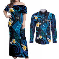 Tokelau Fakaofo Atoll Couples Matching Off Shoulder Maxi Dress and Long Sleeve Button Shirt Polynesian Tattoo Plumeria With Map LT14 Blue - Polynesian Pride