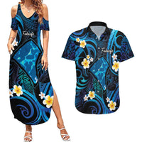 Tokelau Fakaofo Atoll Couples Matching Summer Maxi Dress and Hawaiian Shirt Polynesian Tattoo Plumeria With Map LT14 Blue - Polynesian Pride