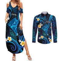 Tokelau Fakaofo Atoll Couples Matching Summer Maxi Dress and Long Sleeve Button Shirt Polynesian Tattoo Plumeria With Map LT14 Blue - Polynesian Pride
