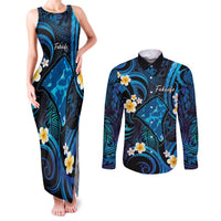 Tokelau Fakaofo Atoll Couples Matching Tank Maxi Dress and Long Sleeve Button Shirt Polynesian Tattoo Plumeria With Map LT14 Blue - Polynesian Pride