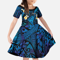 Tokelau Fakaofo Atoll Family Matching Off The Shoulder Long Sleeve Dress and Hawaiian Shirt Polynesian Tattoo Plumeria With Map LT14 Daughter's Dress Blue - Polynesian Pride