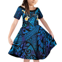 Tokelau Fakaofo Atoll Family Matching Off Shoulder Short Dress and Hawaiian Shirt Polynesian Tattoo Plumeria With Map LT14 Daughter's Dress Blue - Polynesian Pride