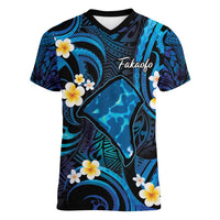 Tokelau Fakaofo Atoll Women V-Neck T-Shirt Polynesian Tattoo Plumeria With Map LT14 Female Blue - Polynesian Pride