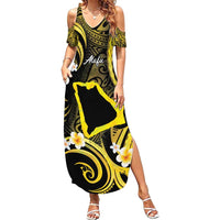 Tokelau Atafu Atoll Family Matching Summer Maxi Dress and Hawaiian Shirt Polynesian Tattoo Plumeria With Map LT14 Mom's Dress Gold - Polynesian Pride