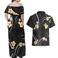 Black And Gray Couples Matching Off Shoulder Maxi Dress and Hawaiian Shirt Curves Polynesian Tattoo Mix Plumeria Flowers LT14 - Polynesian Pride