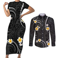 Black And Gray Couples Matching Short Sleeve Bodycon Dress and Long Sleeve Button Shirt Curves Polynesian Tattoo Mix Plumeria Flowers LT14 Gray - Polynesian Pride