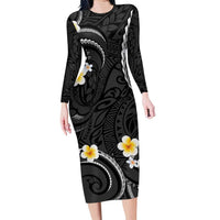 Black And Gray Family Matching Long Sleeve Bodycon Dress and Hawaiian Shirt Curves Polynesian Tattoo Mix Plumeria Flowers LT14 Mom's Dress Gray - Polynesian Pride