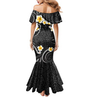 Black And Gray Family Matching Mermaid Dress and Hawaiian Shirt Curves Polynesian Tattoo Mix Plumeria Flowers LT14 - Polynesian Pride