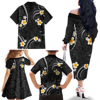 Black And Gray Family Matching Off The Shoulder Long Sleeve Dress and Hawaiian Shirt Curves Polynesian Tattoo Mix Plumeria Flowers LT14 - Polynesian Pride
