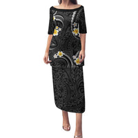 Black And Gray Family Matching Puletasi and Hawaiian Shirt Curves Polynesian Tattoo Mix Plumeria Flowers LT14 Mom's Dress Gray - Polynesian Pride