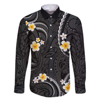 Black And Gray Family Matching Short Sleeve Bodycon Dress and Hawaiian Shirt Curves Polynesian Tattoo Mix Plumeria Flowers LT14 Dad's Shirt - Long Sleeve Gray - Polynesian Pride