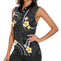 Black And Gray Women Sleeveless Polo Shirt Curves Polynesian Tattoo Mix Plumeria Flowers