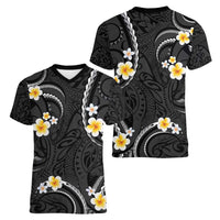 Black And Gray Women V-Neck T-Shirt Curves Polynesian Tattoo Mix Plumeria Flowers