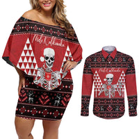 Personalized Hawaii Skull Christmas Couples Matching Off Shoulder Short Dress and Long Sleeve Button Shirt Mele Kalikimaka Hawaiian Kakau - Polynesian Pride