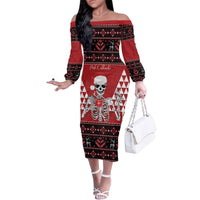 Personalized Hawaii Skull Christmas Family Matching Off The Shoulder Long Sleeve Dress and Hawaiian Shirt Mele Kalikimaka Hawaiian Kakau LT14 Mom's Dress Red - Polynesian Pride