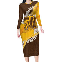 Personalized Mililani Hawaii High School Family Matching Long Sleeve Bodycon Dress and Hawaiian Shirt Puakenikeni Lei Hawaiian Pattern LT14 Mom's Dress Yellow - Polynesian Pride