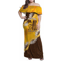 Personalized Mililani Hawaii High School Family Matching Off Shoulder Maxi Dress and Hawaiian Shirt Puakenikeni Lei Hawaiian Pattern LT14 Mom's Dress Yellow - Polynesian Pride