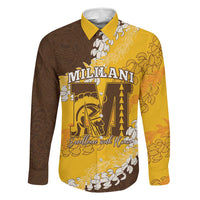 Personalized Mililani Hawaii High School Family Matching Off Shoulder Short Dress and Hawaiian Shirt Puakenikeni Lei Hawaiian Pattern LT14 Dad's Shirt - Long Sleeve Yellow - Polynesian Pride