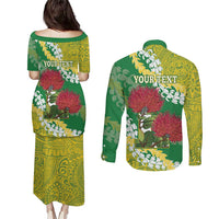 Personalized Leilehua Hawaii High School Couples Matching Puletasi and Long Sleeve Button Shirt Puakenikeni Lei Hawaiian Pattern - Polynesian Pride
